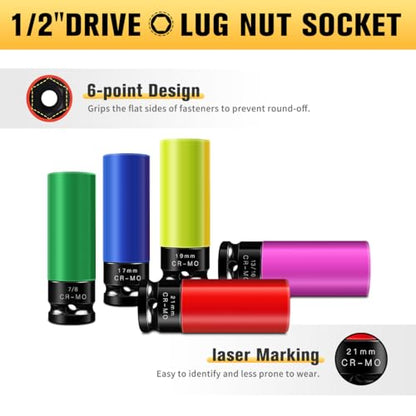 BOEN 1/2" Drive Wheel Protector Impact Socket, Non-Marring Lug Nut Thin Wall Deep Socket Set, CR-MO, 6 Point, Color-Coded Protective Socket | Metric 17 19 21 mm | SAE 13/16 7/8 inch (5 PCS) - size: 5-Piece Metric/SAE