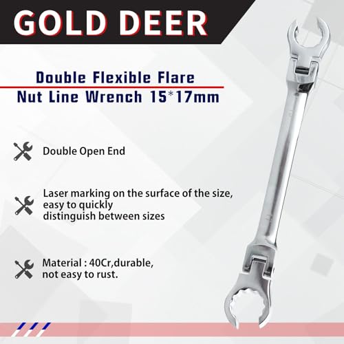 Flex Head Flare Nut Wrench 15 * 17mm Metric Double Flexible Flare Nut Line Wrench Flex Tools 40Cr for Automotive Repairs Plumbing Repairs - style: 15*17mm