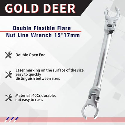 Flex Head Flare Nut Wrench 15 * 17mm Metric Double Flexible Flare Nut Line Wrench Flex Tools 40Cr for Automotive Repairs Plumbing Repairs - style: 15*17mm