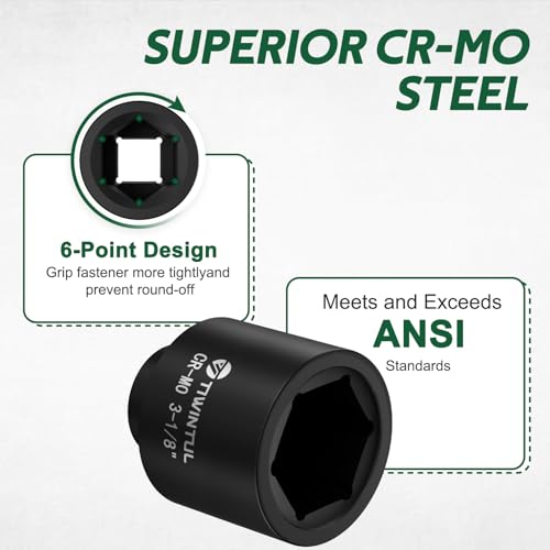 3-1/8" Impact Socket 1" Drive, Deep 6 Point CR-MO for Semi-Truck | Heavy Duty Socket for High Torque Impact Wrench, Heavy Duty Socket for Construction, Oilfield & Wind Power Maintenance - size: 3-1/8"(1 PCS)