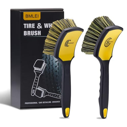 BMLEI Wheel & Tire Brush Set, 2 Pack Car Wheel Brush & Tire Cleaner Brushes | Soft Bristle Rim Brush, Stiff Tire Scrub Brush, Scratch-Free Wheel Cleaning Kit for Car Detailing, Trucks, SUVs - color: Yellow&black