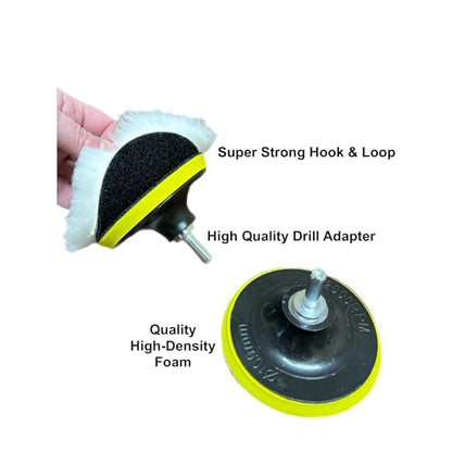 Lambswool Polishing Pads Sheepskin Buffing Pads, 7 Piece Set. Includes 5 Lambs Wool Cutting Pads with Hook, 1 Backing Plate and 1 Drill Attachment - Wool Buffs (5 Inch) - size: 5 Inch