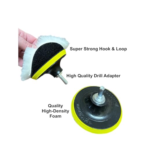 Lambswool Polishing Pads Sheepskin Buffing Pads, 7 Piece Set. Includes 5 Lambs Wool Cutting Pads with Hook, 1 Backing Plate and 1 Drill Attachment - Wool Buffs (6 Inch) - size: 6 Inch