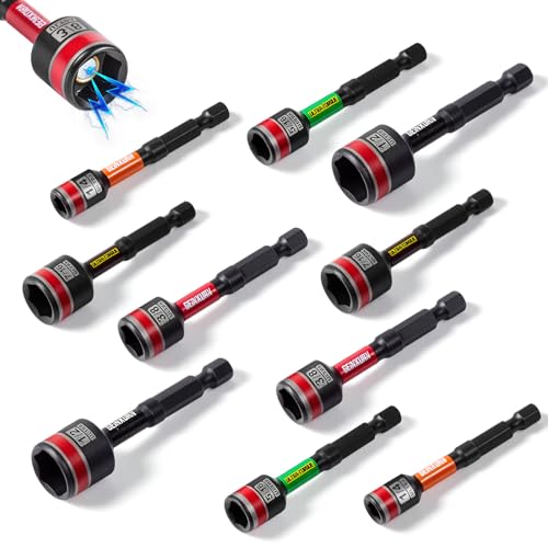 Geinxurn Impact Nut Driver Set, 10 Pieces 2.56”Long 1/4”5/16”3/8”7/16” 1/2”6 Point Alloy Steel Magnetic SAE Nut Setter Set Use For Require Installing 1/4 Hex Shank Impact Driver with Case Box - size: 2.56", style: MIXS-10pcs