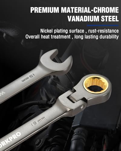 WORKPRO 19 mm Flex-Head Ratcheting Combination Wrench, Cr-V Constructed, Nickel Plating, 72-Teeth, 12 Point Design, Metric - size: 19 mm, style: Nickel Plating