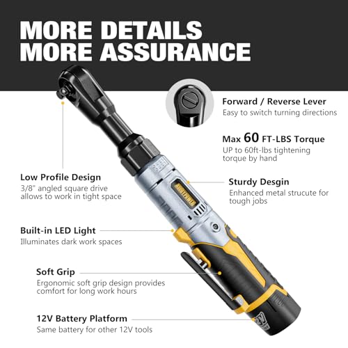3/8" Cordless Ratchet Wrench Set, 60FT-LBS(80N.m) Electric Ratchet, 12V Extended Power Ratchet Wrench Set with Variable Speed, 6 Sockets, LED Light, 1/4" Adapter,1/2" Adapter,2 Batteries