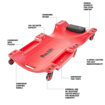 Pro Lift Mechanic Plastic Creeper 40 Inch - Blow Molded Ergonomic HDPE Body with Padded Headrest & Dual Tool Trays - 350 Lbs Capacity Red - color: Red