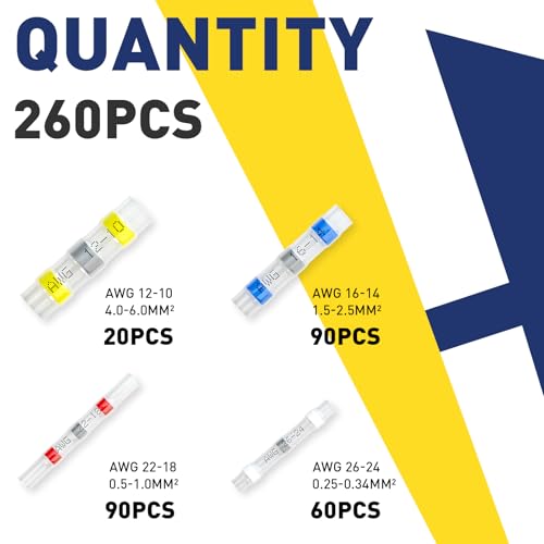 Haisstronica 260PCS Waterproof Heat Shrink Wire Connectors - Self Solder, Marine & Stereo (20Yellow, 60White, 90Red, 90Blue) Solder Sleeve - style: 260PCS