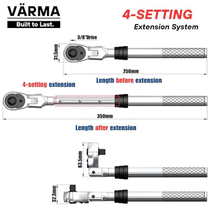 3/8" Drive Ratchet – 10–13.8" 4-Stage Extendable Handle, 90T Flex Head, Quick Release, Chrome Vanadium - size: 3/8" Drive Ratchet
