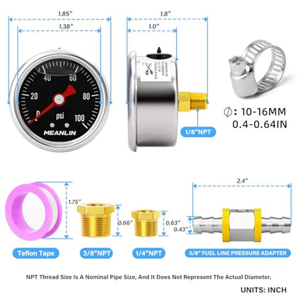 MEANLIN MEASURE 0-100Psi Stainless Steel Glycerin Filled Pressure Gauge 1/8" NPT 1.5" Black Dial, with 3/8" Barb Pressure Adapter Liquid Filled Pressure Gauge (9Pieces Kit, Back Mount) - size: 0-100Psi (Black Dial)