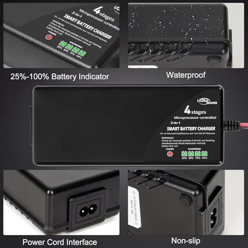 ULTRAPOWER 14.6V 10A LiFePO4 Battery Charger,Smart Battery Charger for 12V LFP Batteries and Lead Acid Battery,4LEDs Indicator,Fast Charging,High Efficiency for Deep Cycle Batteries.