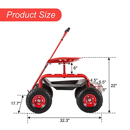 Kinfant Rolling Garden Cart Scooter Stool - Garden Cart with Wheels & Seat, Adjustable Handle 360 Degree Swivel (Red) - color: Red