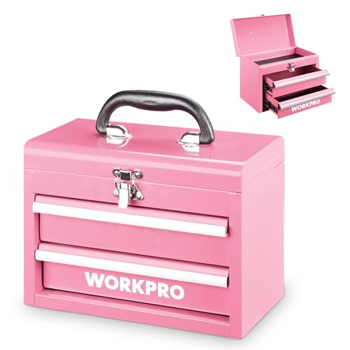WORKPRO Portable Mini Tool Box, 2 Drawers Metal Tool Chest with Ball Bearing Slides, Top Storage with Latch, Ergonomic Carrying Handle, Toolbox with PVC Liners and PP Feet Pads - Pink Ribbon - color: Pink