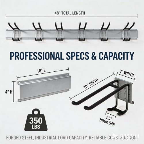 Aking Ace 48-Inch Garage Wall Organizer, Heavy-Duty Hook Set, 350lbs | Adjustable hooks for custom spacing, Organizes rakes, shovels & power tools, Ideal for shed organiztion - size: 48inch