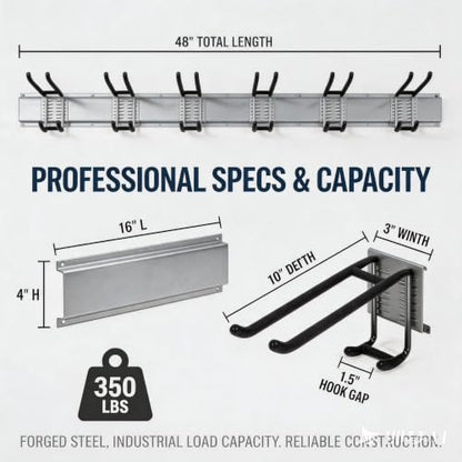 Aking Ace 48-Inch Garage Wall Organizer, Heavy-Duty Hook Set, 350lbs | Adjustable hooks for custom spacing, Organizes rakes, shovels & power tools, Ideal for shed organiztion - size: 48inch