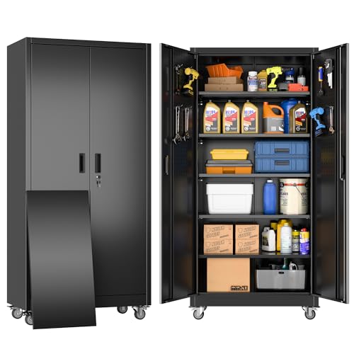 SUXXAN Heavy Duty Metal Storage Cabinet with Wheels and Pegboard, 71" Tall Industrial Steel Cabinet with 5 Adjustable Shelves & Locking Doors for Garage, Office, Pantry, Warehouse, Black - color: Black, size: 18"D x 34"W x 71"H