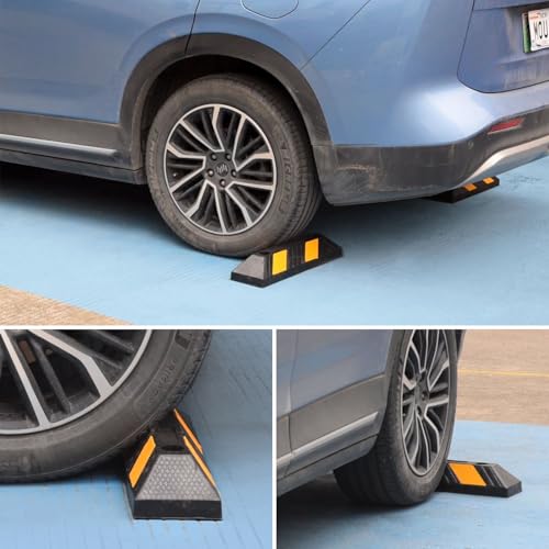 Heavy-Duty Rubber Parking Curbs, Parking Garage Floor Stoppers with Reflective Stickers, Mounting Screws Included, Wheel Stoppers for Car, Truck, Pickup, Motorcycle (21" - 4Pack) - size: 21" - 4Pack