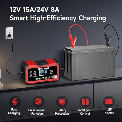 DATOUBOSS Battery Charger 15-Amp 12V/24V Smart Car Battery Charger, Trickle Charger & Maintainer with Pulse Repair, for Lead-Acid AGM LiFePO4 Lithium Batteries, for Car Truck Boat (12V 15A/24V 8A)