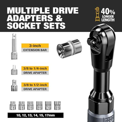 3/8" Cordless Ratchet Wrench Set, 60FT-LBS(80N.m) Electric Ratchet, 12V Extended Power Ratchet Wrench Set with Variable Speed, 6 Sockets, LED Light, 1/4" Adapter,1/2" Adapter,2 Batteries
