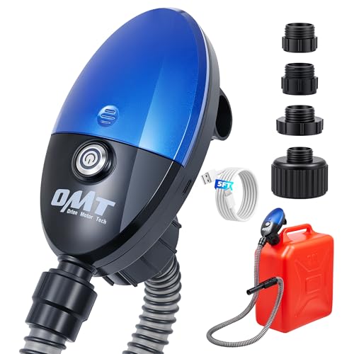 OMT Electric Fuel Transfer Pump, 3.2GPM Gas Can Pump for Gas, Diesel, Kero | Fuel Pump with Auto Shutoff, 51" Hose, USB-C &Battery Powered, 4 Adapters for Race Tracks Emergency Docks (NO BATTERIES)-Blue - color: 3.2GPM Cordless Gas Pump Kit, Blue