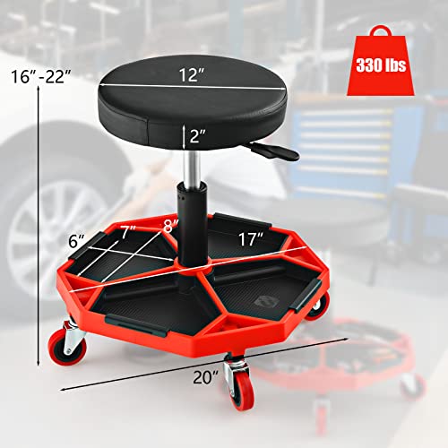 S AFSTAR Garage Shop Roller Seats, Adjustable Pneumatic Rolling Creeper Stool W/Tool Storage Tray & 4 Universal Wheels, Padded Mechanic Stool Repair Shop Stool Garage Rolling Stool (Red - color: Red