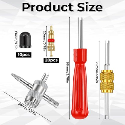 Car Tire Repair Tools Tire-Valve Core Remover Valve Stem Removal Tool Kit with 4-Way Valve Tool, 10 Pcs Valves Stem Caps, 20 Pcs Valves Cores for Cars Trucks Motorcycles Bicyclescs