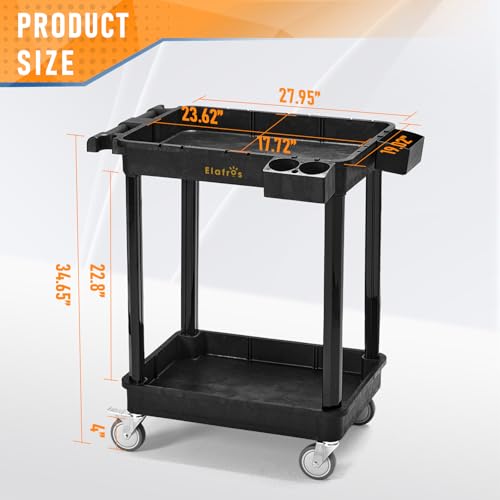 ELAFROS 2-Shelf Heavy Duty Plastic Rolling Utility Cart, 28x19 in, 330 lbs | Locking Swivel Wheels, Multipurpose Service Cart, Work Cart, Tool Storage Organizer, Home Office Garage Workshop Industrial