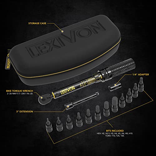 LEXIVON Bike Torque Wrench 1/4-Inch Dr. 15-Piece Kit | 72-Tooth Gear, Dual-Direction Click Type 2~26 Nm / 17.7~230.1 in-lb (LX-191) - style: Bike Torque wrench kit