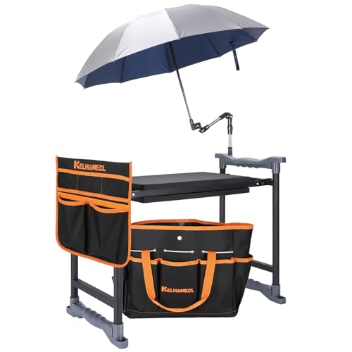 Garden Kneeler and Seat with Umbrella, 2-in-1 Foldable Gardening Stool with Adjustable Bracket, Detachable Tool Bags, Heavy Duty Kneeling Pad for Gardening (Black Orange) - color: Black & Orange
