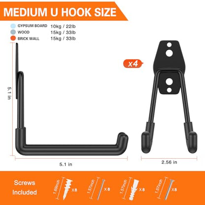 HUPBIPY Garage Hooks Heavy Duty 4 Pack, Wall Mount Ladder Hooks | 5.1in U Shaped Hanger, Storage Organizer With a non-slip coating For Hanging Bicycles, Garden Tools Hoses and Ropes (Black) - color: Black Medium U Hook