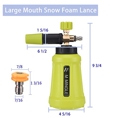 M MINGLE Foam Cannon for Pressure Washer, 1 Liter with 5 Nozzle Tips | Car Foam Sprayer with 1/4 Inch Quick Connector, Wide Mouth Heavy Duty Car Wash Foam Blaster Power Washer, 3000 PSI - size: 1 L