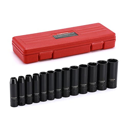 CASOMAN 13 Pieces 3/8-Inch Drive Impact Socket Set, 6-Point, Metric, Deep, CR-V, 7mm to 19mm, Heavy Duty Blow Molded Storage Case - size: deep