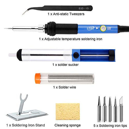 LDK Soldering Iron Kit Electronics, [Upgraded] Full Set 60W 110V Adjustable Temperature Welding Tool, Soldering Pen with 5pcs Different Tips, Stand, Tweezers, Sponge, Flux Pen, Solder Wire - color: 60w 12-in-1