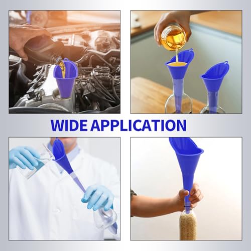 Automotive Funnel Set - 3 Blue Flexible Plastic Car Funnels for Oil, Transmission Fluid, Fuel & Engine Lubricants, Spill-Proof Design for Easy Pouring, Fits Small & Large Container