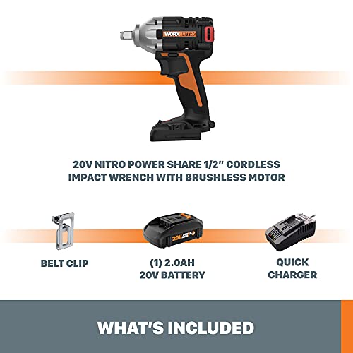 WORX 20V 1/2" Cordless Impact Wrench, WX272L | Brushless Motor, Battery Included, Charger Included - style: 20V Cordless Brushless Impact Wrench(Battery Pack & Charger)