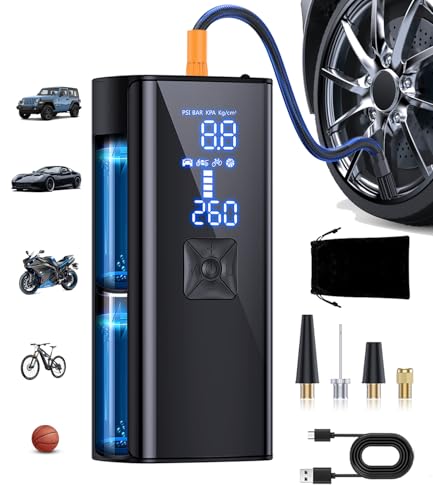 Tire Inflator Portable Air Compressor, 2X Faster 150PSI Cordless Air Pump with LED Light and Digital Pressure Gauge for Car, Bike, Motorcycles and Sports Ball