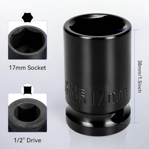 2PCS 17mm Impact Socket 1/2" Drive, 6 Point Metric Shallow Socket, CR-V Steel Heavy Duty Impact Wrench Socket for Automotive Repair - size: 17mm