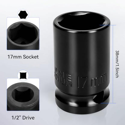 2PCS 17mm Impact Socket 1/2" Drive, 6 Point Metric Shallow Socket, CR-V Steel Heavy Duty Impact Wrench Socket for Automotive Repair - size: 17mm