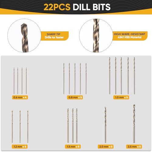 Pin Vise Hand Drill Manual With 22pcs Micro Drill Bits Set | 0.6mm-2.5mm Craft Mini Drills, Ergonomic Grip, Secure 3-jaw Chuck Prevent Slippage, Great for Jewelry, Models & DIY