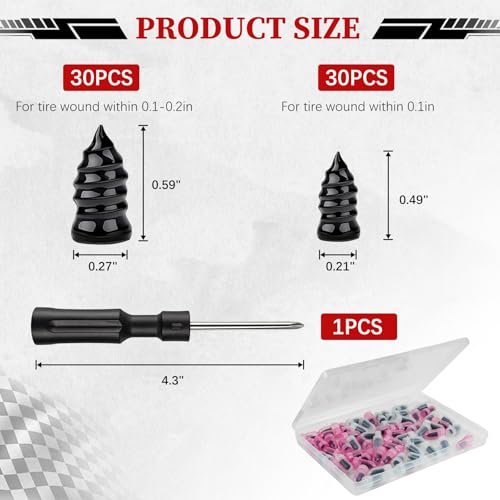 JAMIEWIN 60PCS Tire Repair Screws Kit for Car Truck SUV Motorcycle | Vacuum Self-Sealing Screw-in Rubber Plugs. Heavy Duty Tire Puncture Repair Tool. Self-Service Quick Fix for Tubeless Tires