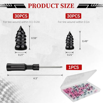 JAMIEWIN 60PCS Tire Repair Screws Kit for Car Truck SUV Motorcycle | Vacuum Self-Sealing Screw-in Rubber Plugs. Heavy Duty Tire Puncture Repair Tool. Self-Service Quick Fix for Tubeless Tires
