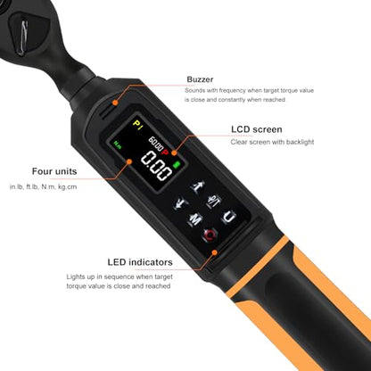 Uharbour Digital Torque Wrench 3/8" Drive, 0.66-44.29Ft.lbs/0.9-60Nm Range, Electric Torque Wrench with Dual Direction Ratchet, ±1% Accuracy with Vibration, Buzzer and LED Alert - size: 3/8" Drive 0.66-44.29 ft.lbs