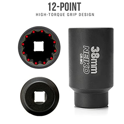 NEIKO 02528A 38mm Socket | 1/2” Drive Deep Impact Socket | Spindle & Axle Nut Socket | 12 Point |Chrome Molybdenum Cr-Mo |Deep Well Hub | Triple Square | Axle Shaft Nut Remover - size: 38 mm (Single)