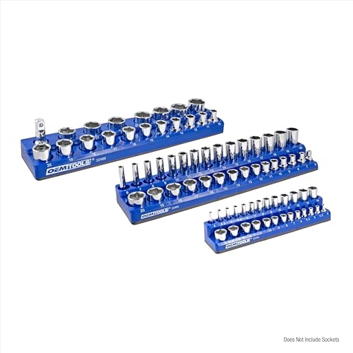 OEMTOOLS 3-Pc Magnetic Socket Organizer Designed to Hold 68 Metric Sockets | Metric Magnetic Socket Holder, Non-Marring Rubberized Base Socket Holders, 1/4, 3/8, 1/2 Inch Sizes, Clearly Marked Sizes - style: 3Pc Blue