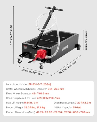 VEVOR Low Profile Oil Drain Pan, 25 Gallon Capacity, Rolling Oil Drain Pan with Manual Pump, 7.2 ft Hose & T Folding Handle, Leak-Proof & Corrosion-Resistant, Fit for Cars, SUVs, Trucks, ATVs, Black - size: 25 Gallon