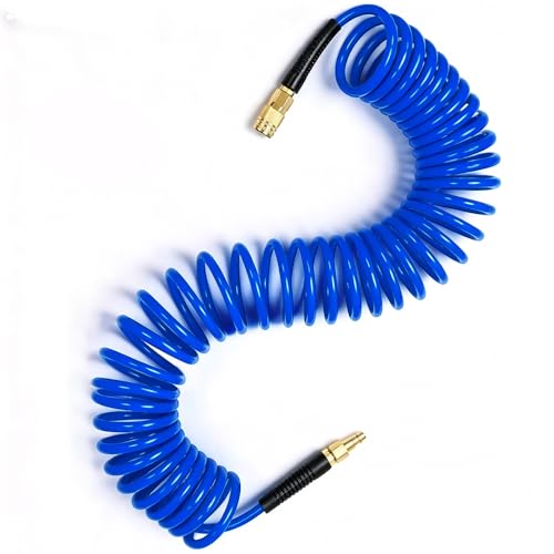 PU Recoil Air Hose, 1/4" NPT Polyurethane Coiled Air Compressor Hose with Quick Coupler & Bend Restrictors, Flexible Retractable Spring Air Line for Pneumatic Tools, Garage, Workshop 25'' Blue