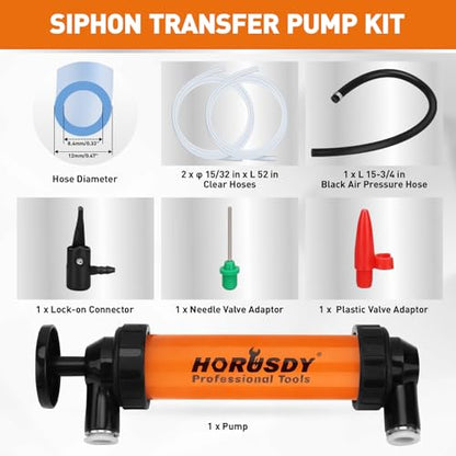 HORUSDY Multi-Use Siphon Transfer Pump Kit Hand Fuel Pumps for Gas Oil Water with Air Hose, Portable Manual Fuel Transfer Pump for Boat, Car, RV, Emergency, Lawn Mower Fluid Drainage - style: Orange(New model)
