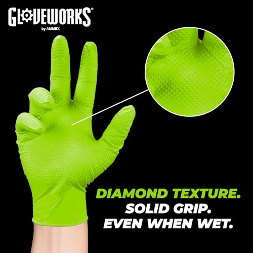 GLOVEWORKS HD Green Gloves, 8 Mil Nitrile Disposable Heavy Duty Raised Diamond Grip Mechanic Glove, Bulk Purchasing Options - size: X-Large, style: 2 Cases of 1000