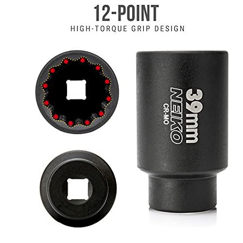 NEIKO 02529A 39mm Socket | 1/2” Drive Deep Impact Socket | Spindle & Axle Nut Socket | 12 Point |Chrome Molybdenum Cr-Mo |Deep Well Hub | Triple Square | Axle Shaft Nut Remover - size: 39 mm (Single)