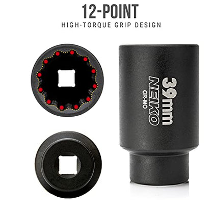 NEIKO 02529A 39mm Socket | 1/2” Drive Deep Impact Socket | Spindle & Axle Nut Socket | 12 Point |Chrome Molybdenum Cr-Mo |Deep Well Hub | Triple Square | Axle Shaft Nut Remover - size: 39 mm (Single)